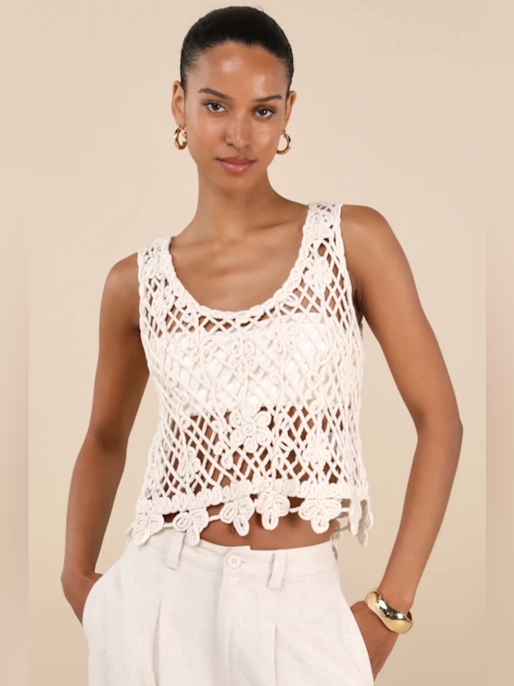 NWT Lulu's Cream Sheer Crochet Floral Open-Knit Tank - L/XL